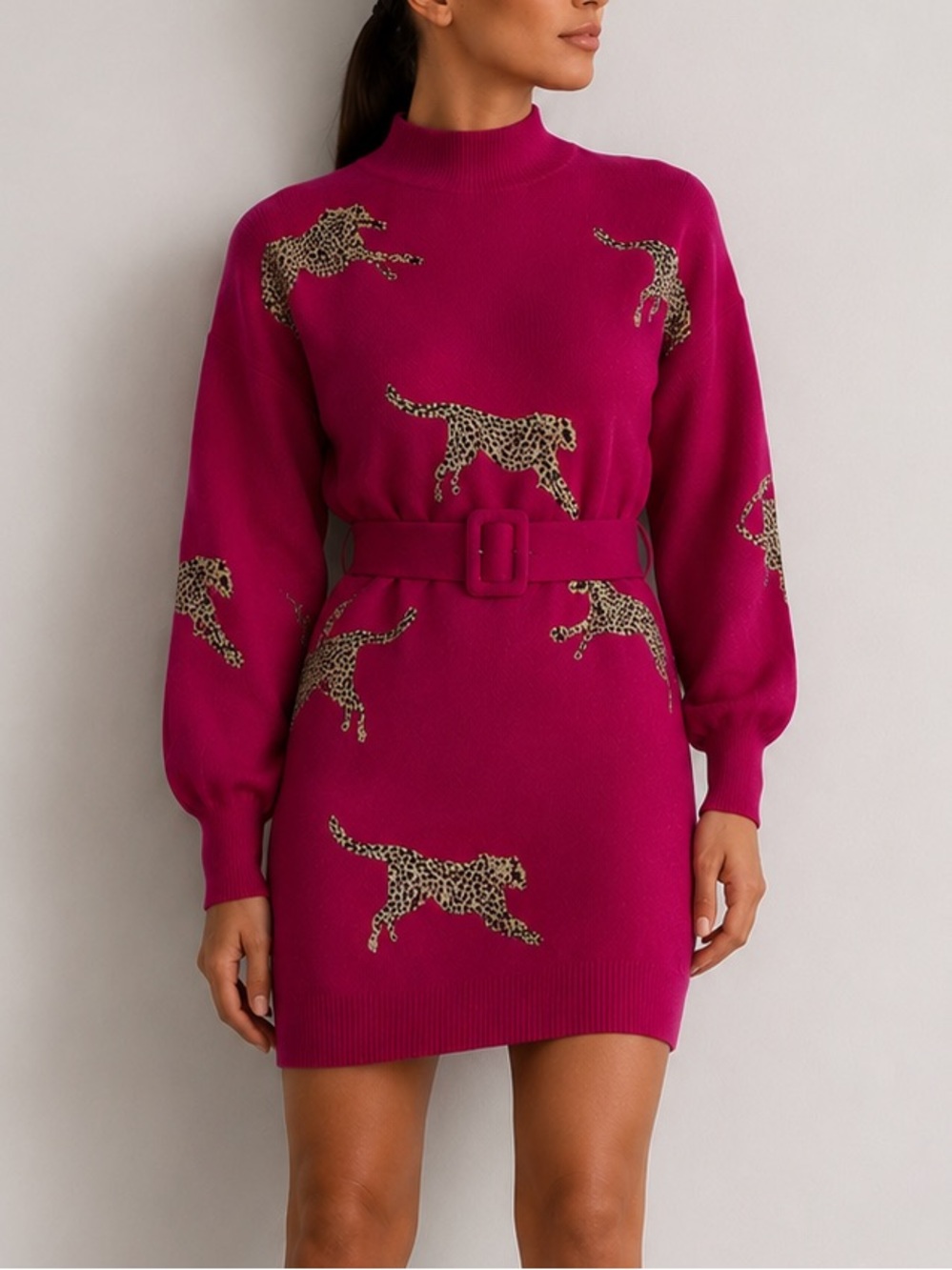 Blogger favorite Pink Leopard Print Dress wBelt Long Sleeve Knit Chic Cozy Style